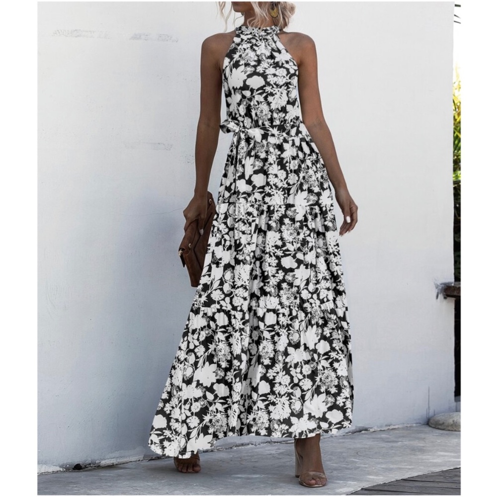 Boho Blue White Floral Print Halter Ruffle Maxi Dress - Picture 2 of 13